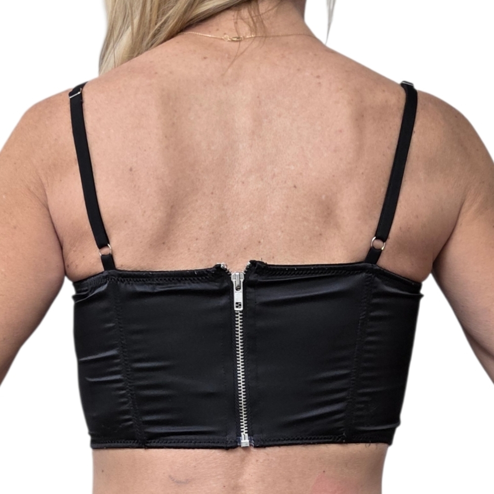 Urban Outfitters Black Satin Corset Bustier Top Boned Cowl Neck Zip Back M - Picture 2 of 9